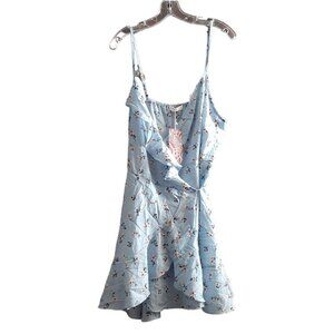 Romwe Sundress Dress Spaghetti Strap Wrap Floral Ruffle Blue Vacation Cruise XL*